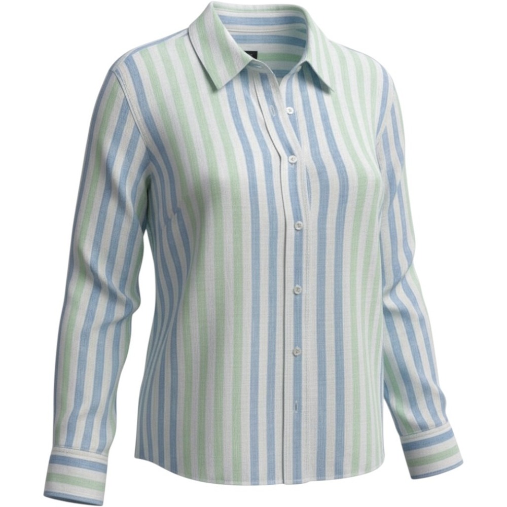 Talbots Womens Small Green Blue Striped 100% Linen Button Down Shirt Long Sleeve